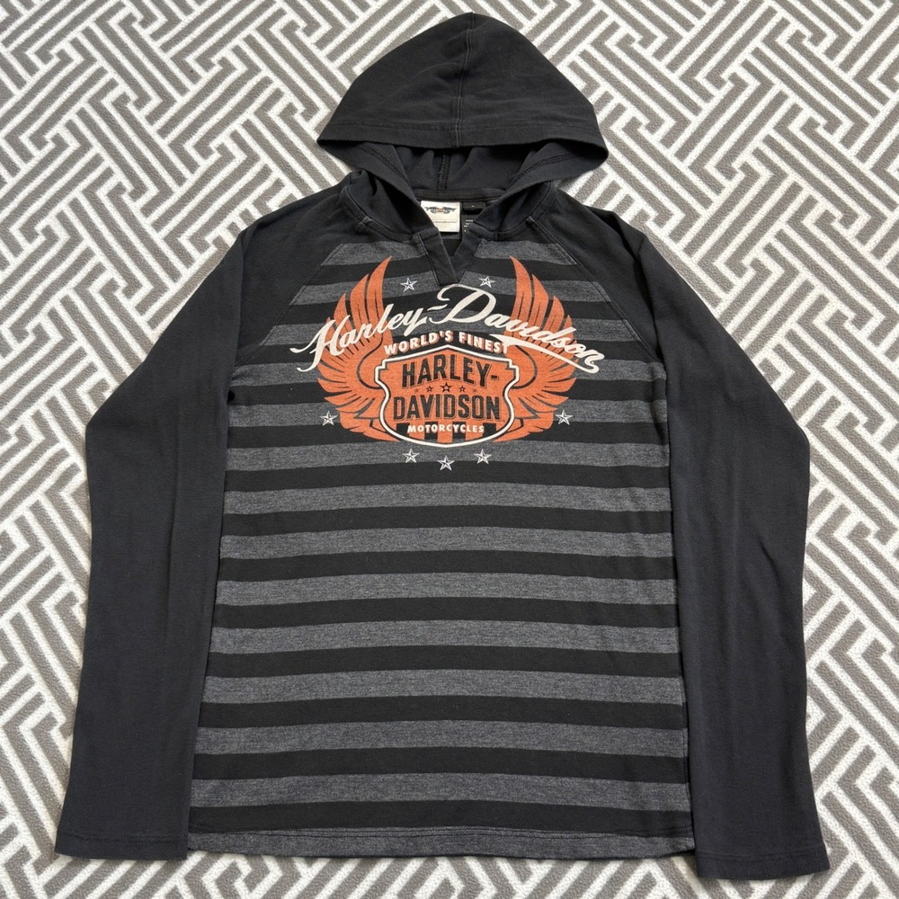 Harley Davidson Womens Hooded Tee Long Sleeve Medium Gray Black Striped Biker‎